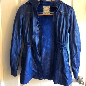 Vintage electric blue leather/fur jacket